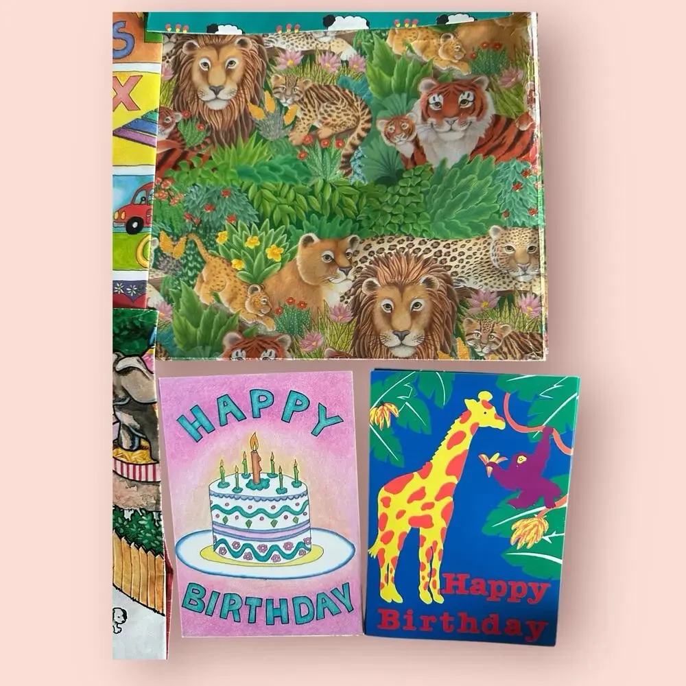 Vtg GIFT WRAP FOLDED PAPER SHEETS Wrapping Kids Birthday Animals 90s Y2K Funny